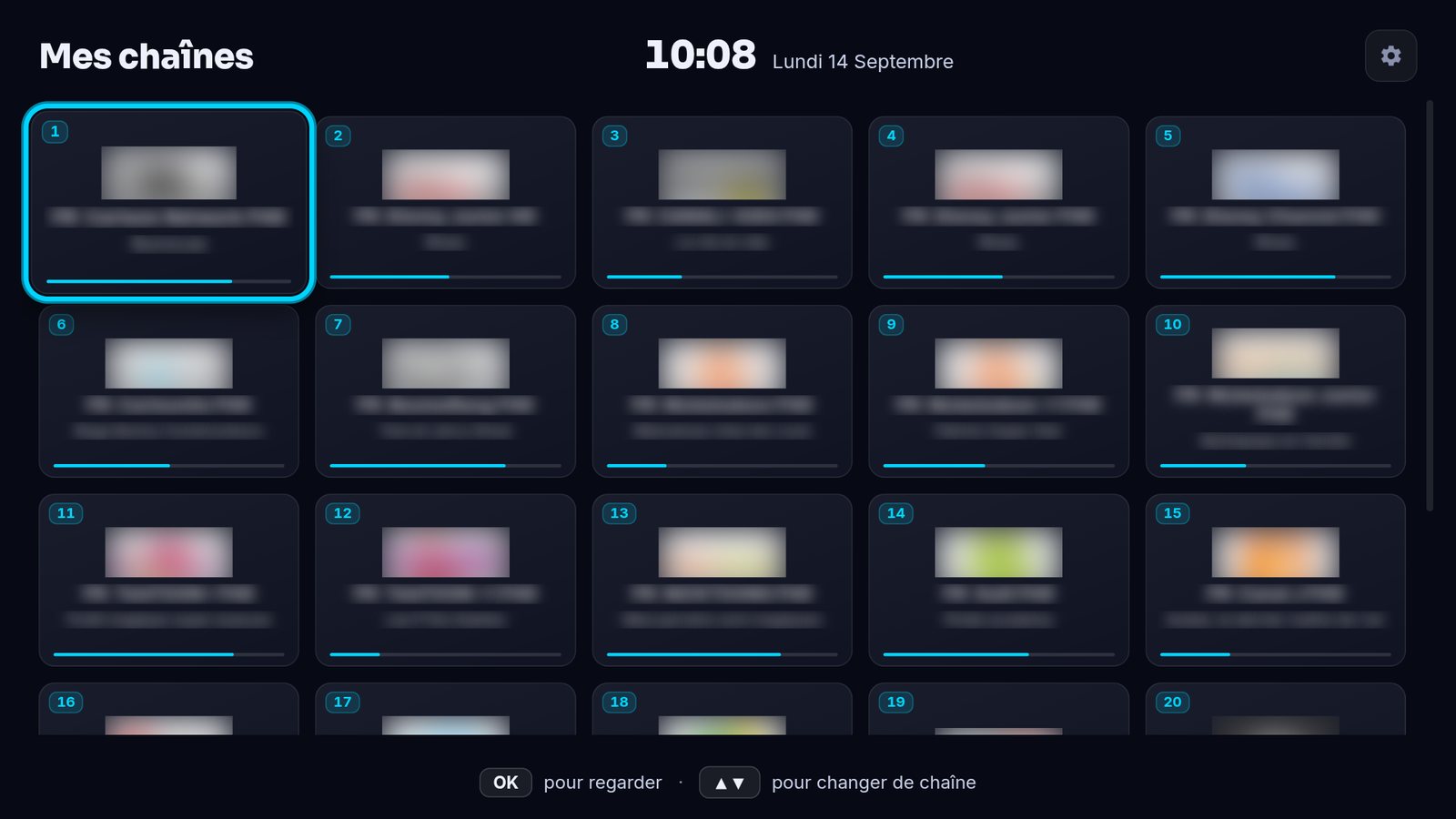 Le Mode Simple : une mosaïque de grandes vignettes avec les chaînes choisies